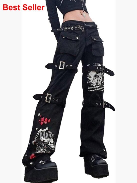 Pants - Loose Low Waist Wide Leg Cargo Pants with Buckle and Zipper Details